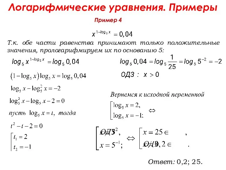 Пример 4 Логарифмические уравнения. Примеры Ответ: 0,2; 25. Т.к. обе части