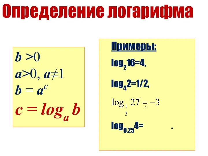 b >0 a>0, a≠1 b = ac с = loga b