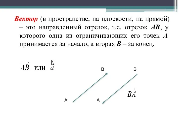 Вектор (в пространстве, на плоскости, на прямой) – это направленный отрезок,