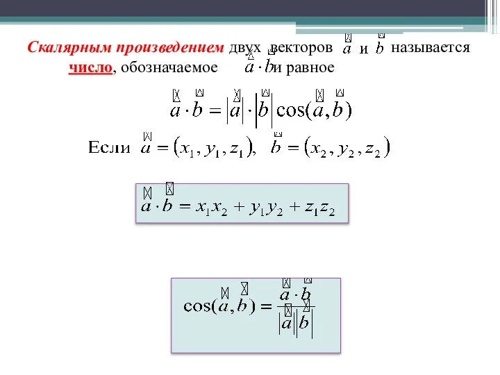 Скалярным произведением двух векторов называется число, обозначаемое и равное