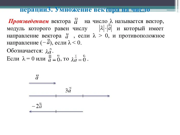 перации3. Умножение вектора на число Произведением вектора на число λ называется