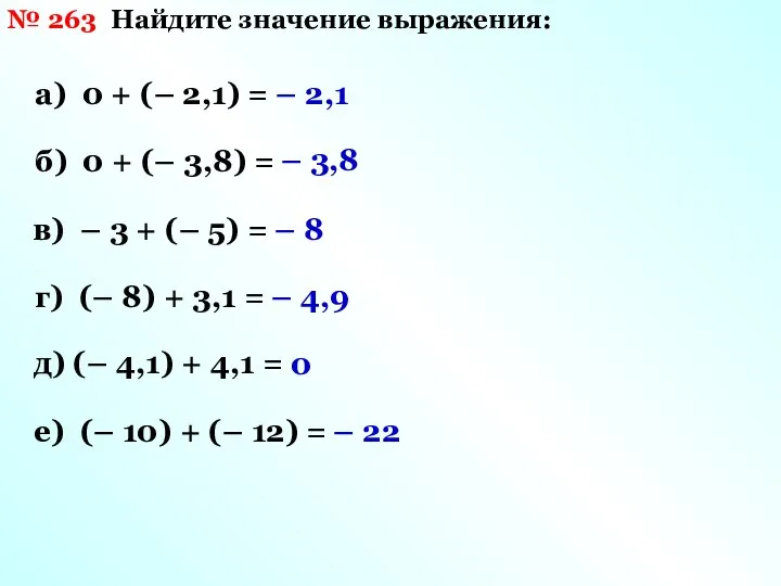 № 263 Найдите значение выражения: а) 0 + (– 2,1) =