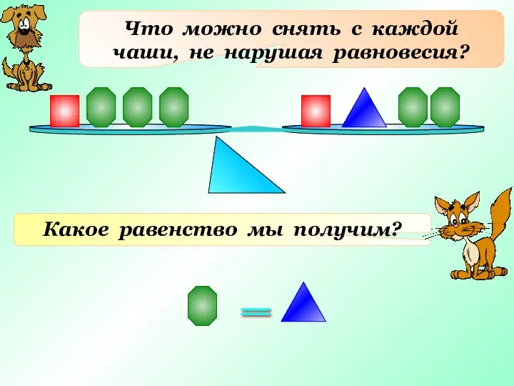 Что можно снять с каждой чаши, не нарушая равновесия? Какое равенство мы получим? =