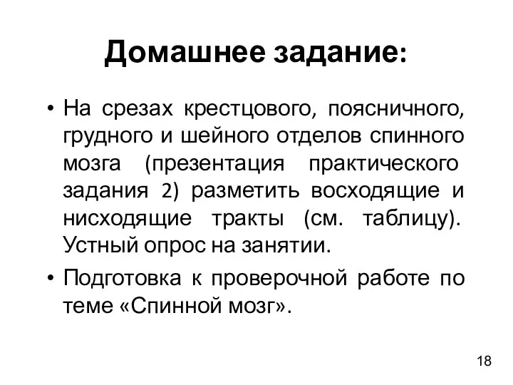 Домашнее задание: На срезах крестцового, поясничного, грудного и шейного отделов спинного