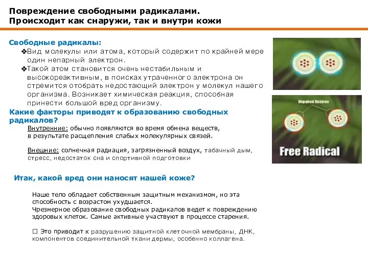 Повреждение свободными радикалами. Происходит как снаружи, так и внутри кожи Свободные