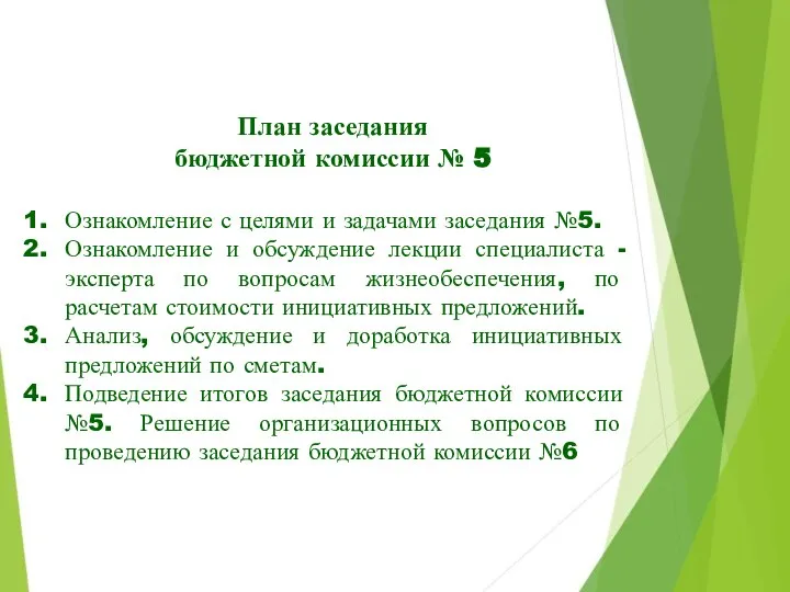 План заседания бюджетной комиссии № 5 Ознакомление с целями и задачами