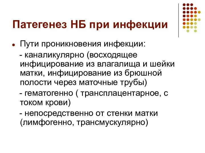 Патегенез НБ при инфекции Пути проникновения инфекции: - каналикулярно (восходящее инфицирование