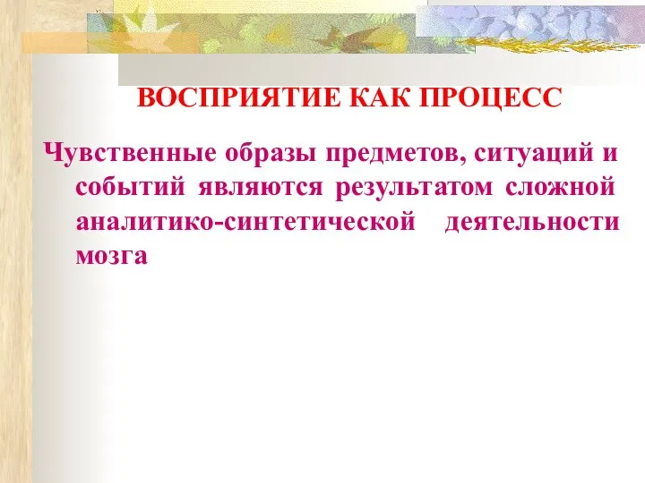 ВОСПРИЯТИЕ КАК ПРОЦЕСС Чувственные образы предметов, ситуаций и событий являются результатом сложной аналитико-синтетической деятельности мозга