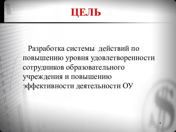 Разработка системы действий по повышению уровня удовлетворенности сотрудников образовательного учреждения и повышению эффективности деятельности ОУ ЦЕЛЬ