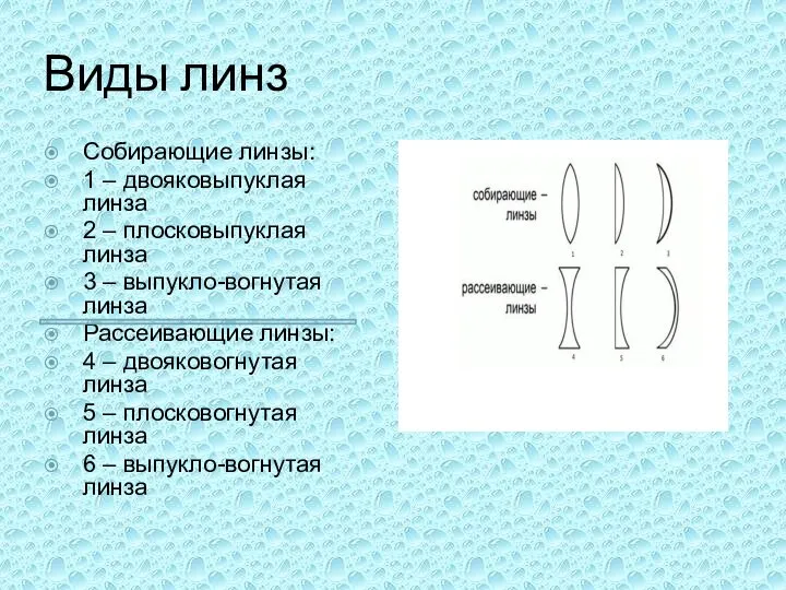 Виды линз Собирающие линзы: 1 – двояковыпуклая линза 2 – плосковыпуклая