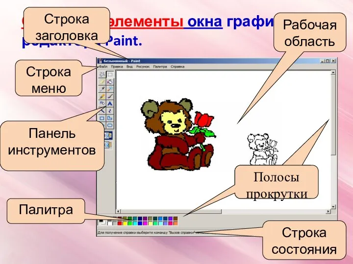 Основные элементы окна графического редактора Paint. Рабочая область Строка состояния Строка