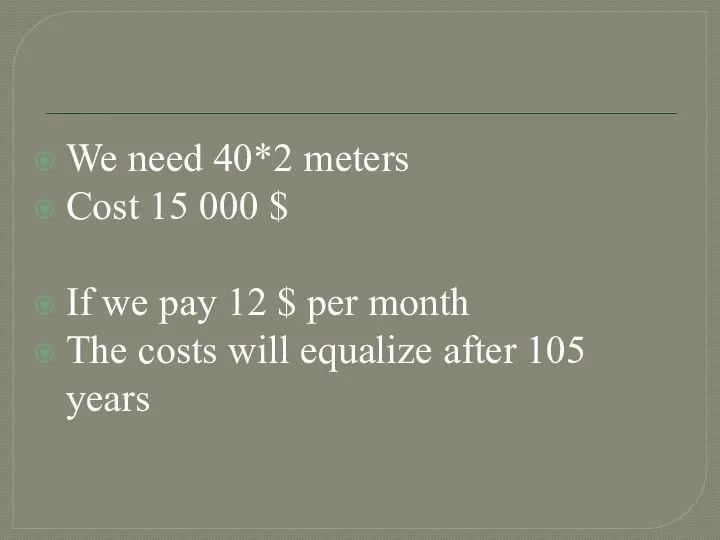 We need 40*2 meters Cost 15 000 $ If we pay