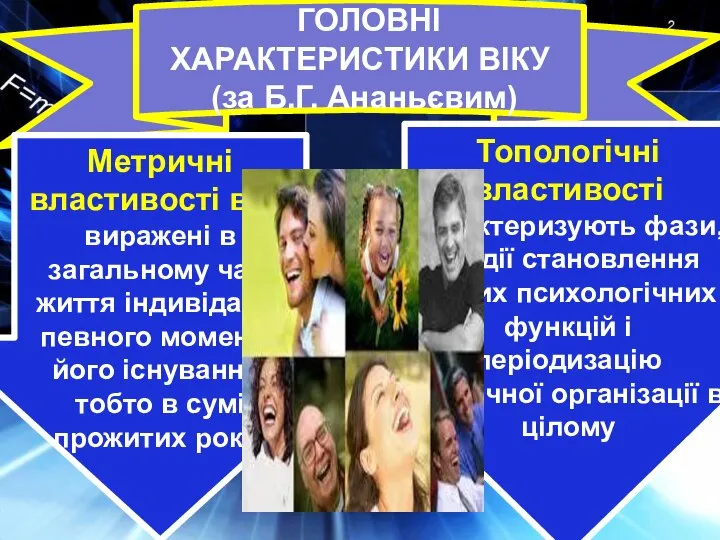 ГОЛОВНІ ХАРАКТЕРИСТИКИ ВІКУ (за Б.Г. Ананьєвим) Метричні властивості віку виражені в