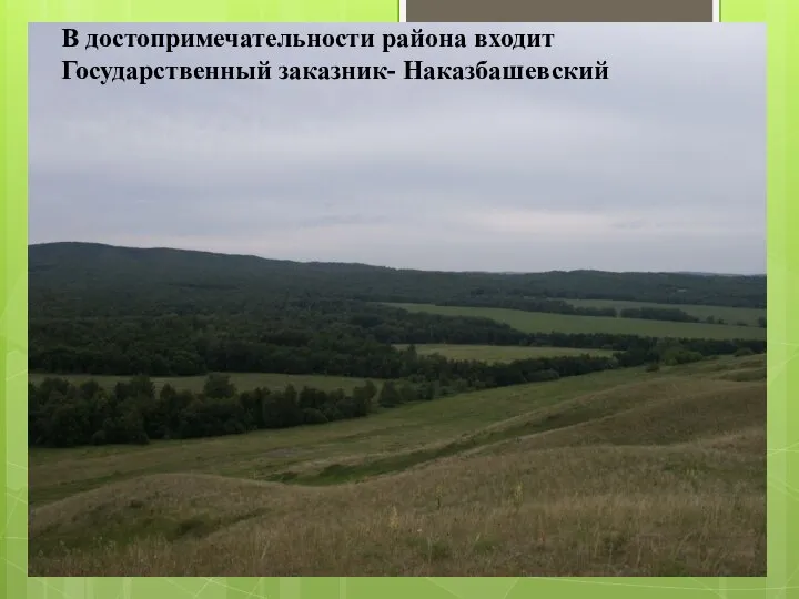 В достопримечательности района входит Государственный заказник- Наказбашевский