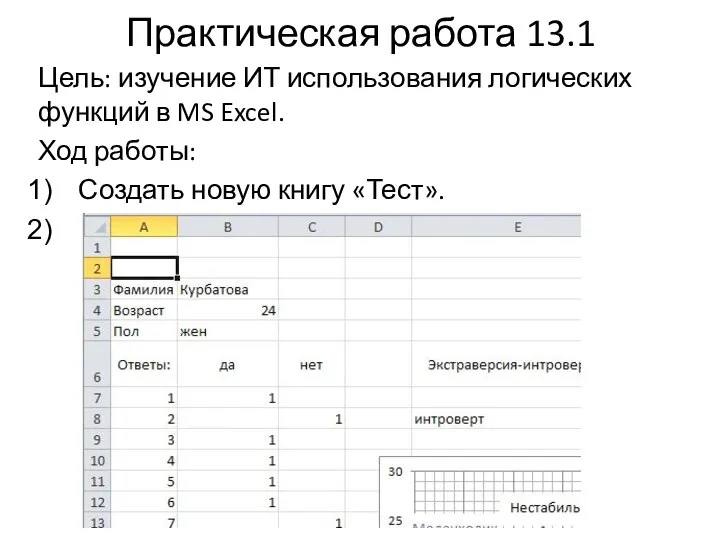 Практическая работа 13.1 Цель: изучение ИТ использования логических функций в MS