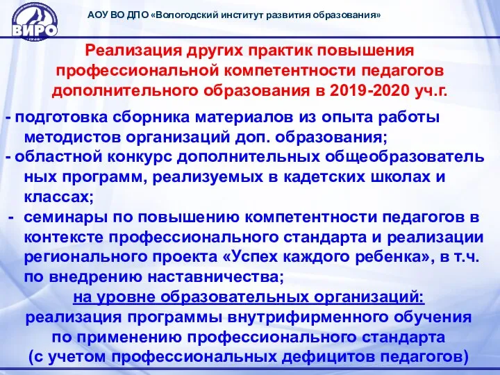 АОУ ВО ДПО «Вологодский институт развития образования» Реализация других практик повышения