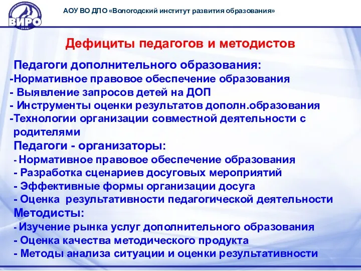 АОУ ВО ДПО «Вологодский институт развития образования» Дефициты педагогов и методистов