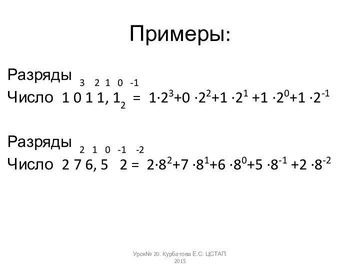 Примеры: Разряды 3 2 1 0 -1 Число 1 0 1