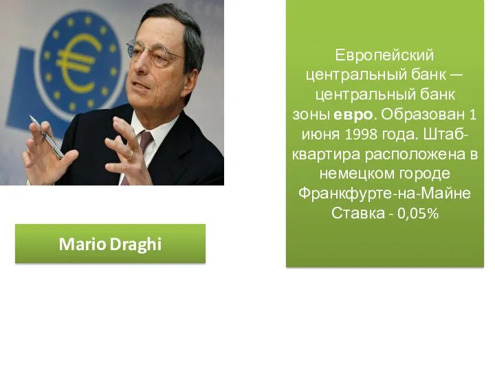 Mario Draghi Европейский центральный банк — центральный банк зоны евро. Образован