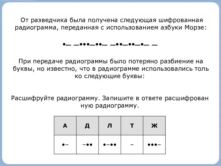От раз­вед­чи­ка была по­лу­че­на сле­ду­ю­щая шиф­ро­ван­ная радиограмма, пе­ре­дан­ная с ис­поль­зо­ва­ни­ем аз­бу­ки