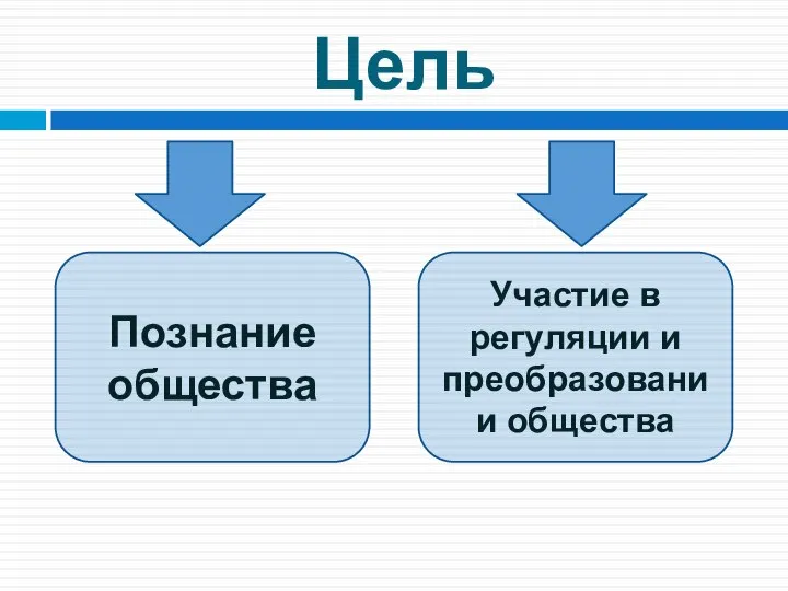 Цель Познание общества Участие в регуляции и преобразовании общества