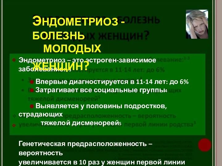 ❖ ❖ Эндометриоз – это эстроген-зависимое заболевание:1-3 ⚫ Впервые диагностируется в