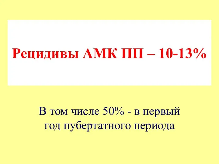 Рецидивы АМК ПП – 10-13% В том числе 50% - в первый год пубертатного периода