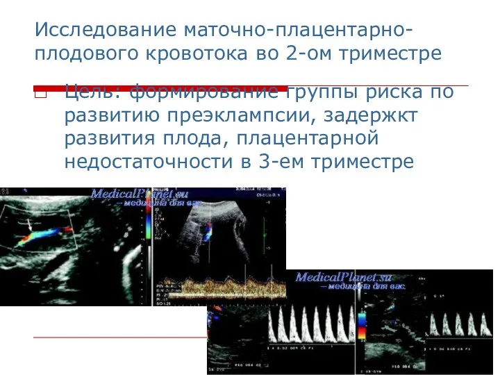 Исследование маточно-плацентарно-плодового кровотока во 2-ом триместре Цель: формирование группы риска по