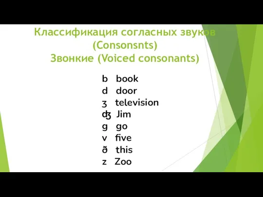 Классификация согласных звуков (Consonsnts) Звонкие (Voiced consonants) b book d door