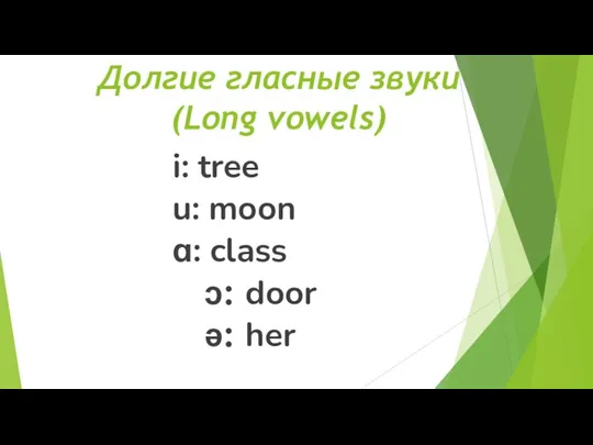 Долгие гласные звуки (Long vowels) i: tree u: moon ɑ: class ɔ: door ə: her