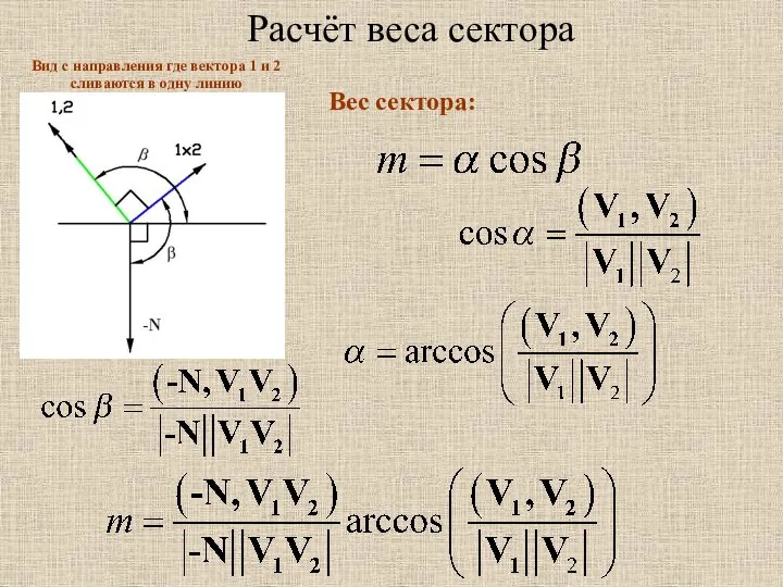 Расчёт веса сектора Вес сектора: Вид с направления где вектора 1