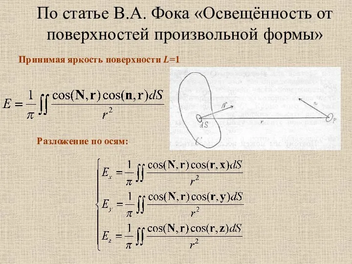 По статье В.А. Фока «Освещённость от поверхностей произвольной формы» Принимая яркость поверхности L=1 Разложение по осям: