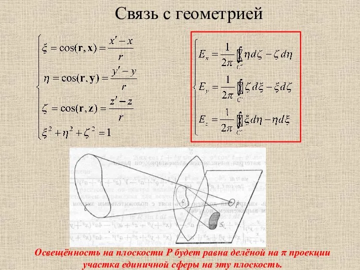 Связь с геометрией Освещённость на плоскости P будет равна делёной на