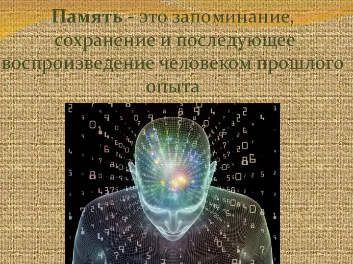 Память - это запоминание, сохранение и последующее воспроизведение человеком прошлого опыта