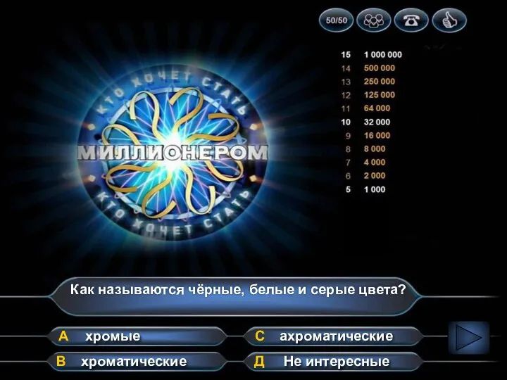 Как называются чёрные, белые и серые цвета? А В Д С хроматические ахроматические Не интересные хромые