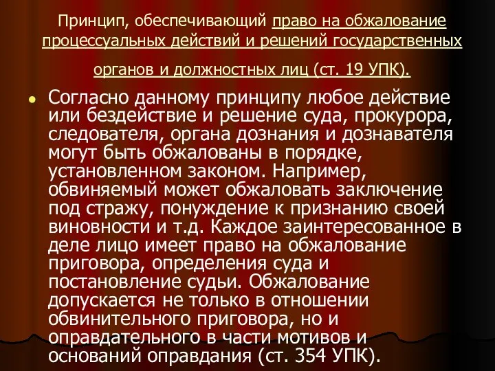 Принцип, обеспечивающий право на обжалование процессуальных действий и решений государственных органов