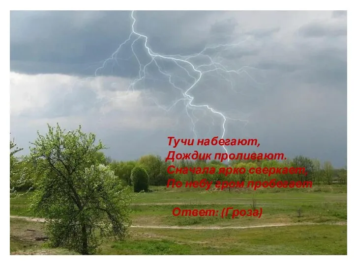 Тучи набегают, Дождик проливают. Сначала ярко сверкает, По небу гром пробегает Ответ: (Гроза)