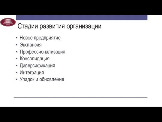 Стадии развития организации Новое предприятие Экспансия Профессионализация Консолидация Диверсификация Интеграция Упадок и обновление