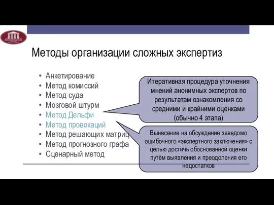 Методы организации сложных экспертиз Анкетирование Метод комиссий Метод суда Мозговой штурм