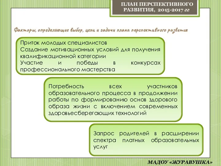 Факторы, определяющие выбор, цели и задачи плана перспективного развития Приток молодых