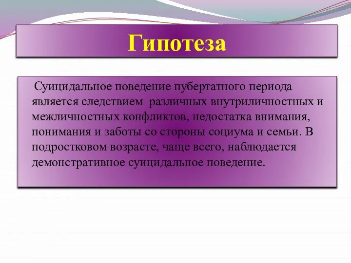 Гипотеза Суицидальное поведение пубертатного периода является следствием различных внутриличностных и межличностных