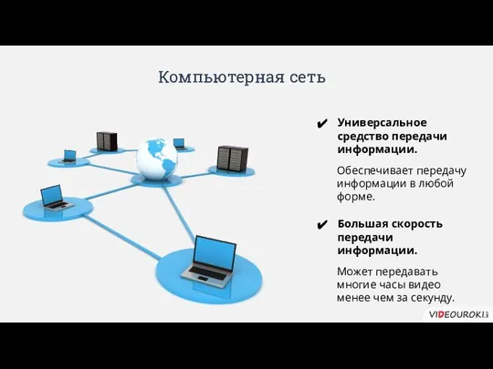 Компьютерная сеть Универсальное средство передачи информации. Обеспечивает передачу информации в любой