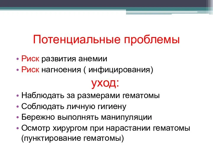 Потенциальные проблемы Риск развития анемии Риск нагноения ( инфицирования) уход: Наблюдать