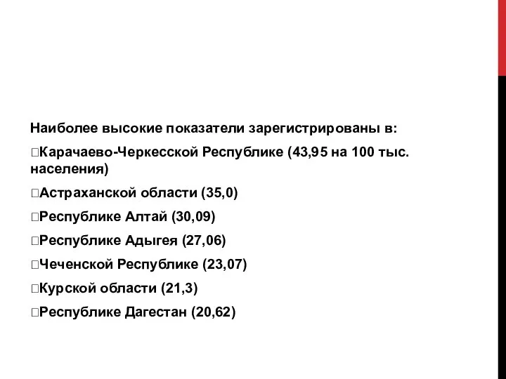 Наиболее высокие показатели зарегистрированы в: Карачаево-Черкесской Республике (43,95 на 100 тыс.