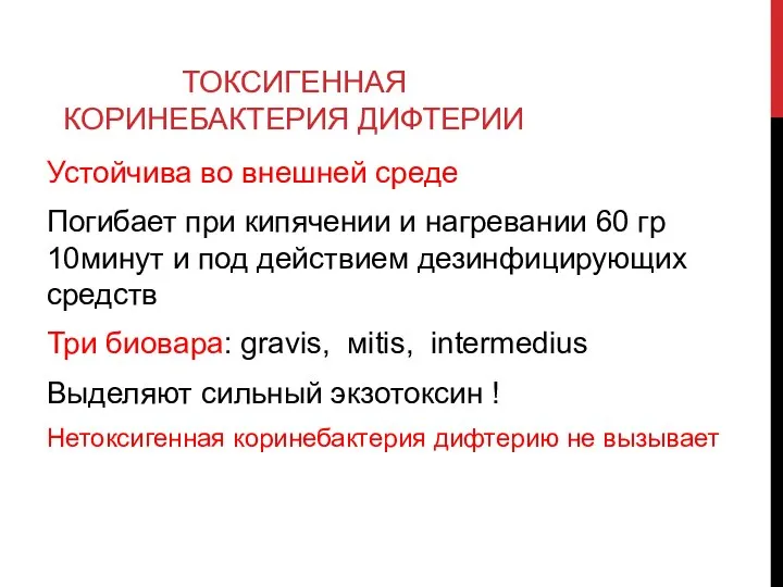 ТОКСИГЕННАЯ КОРИНЕБАКТЕРИЯ ДИФТЕРИИ Устойчива во внешней среде Погибает при кипячении и