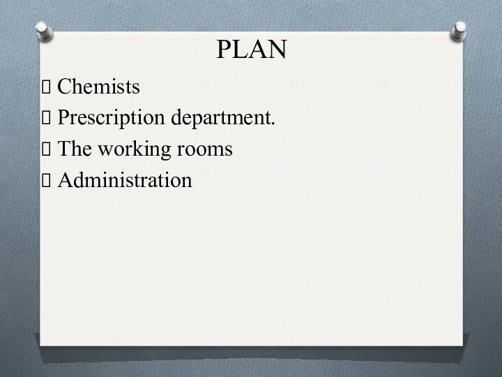 PLAN Chemists Prescription department. The working rooms Administration