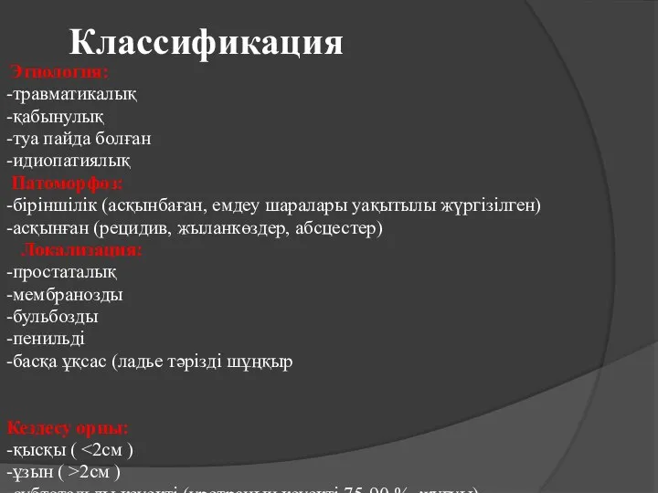 Классификация Этиология: -травматикалық -қабынулық -туа пайда болған -идиопатиялық Патоморфоз: -біріншілік (асқынбаған,