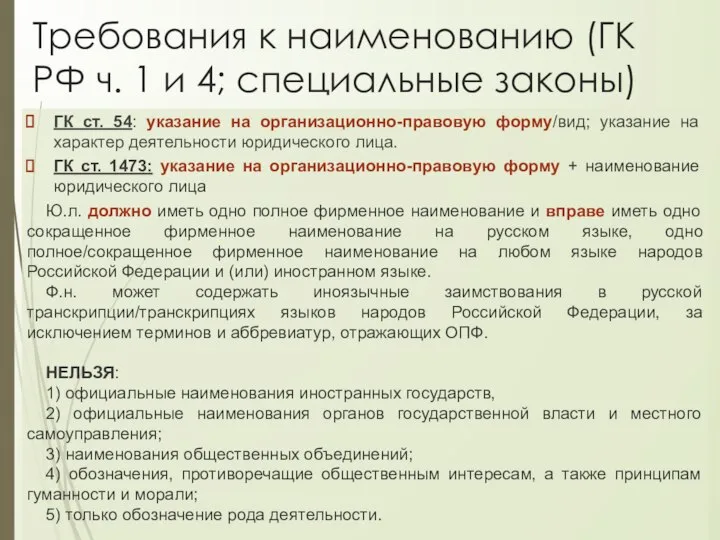 Требования к наименованию (ГК РФ ч. 1 и 4; специальные законы)