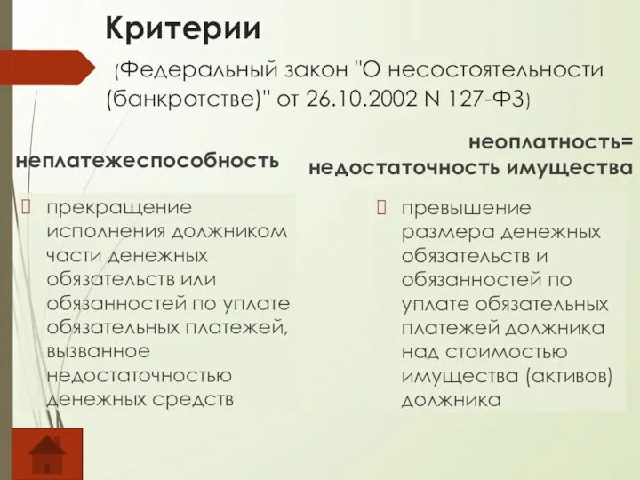 Критерии (Федеральный закон "О несостоятельности (банкротстве)" от 26.10.2002 N 127-ФЗ) неплатежеспособность