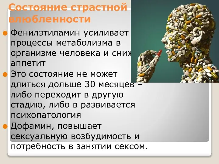 Состояние страстной влюбленности Фенилэтиламин усиливает процессы метаболизма в организме человека и